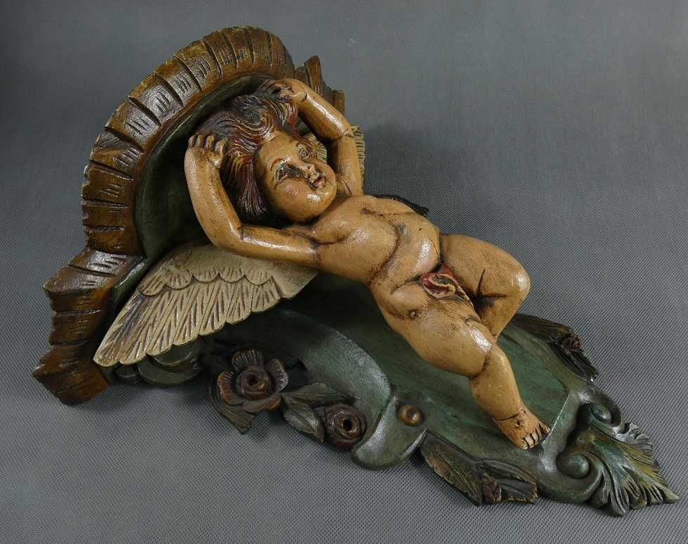 KONSOLA do powieszenia na ścianę - półka drewno AMOR putto anioł BAROK