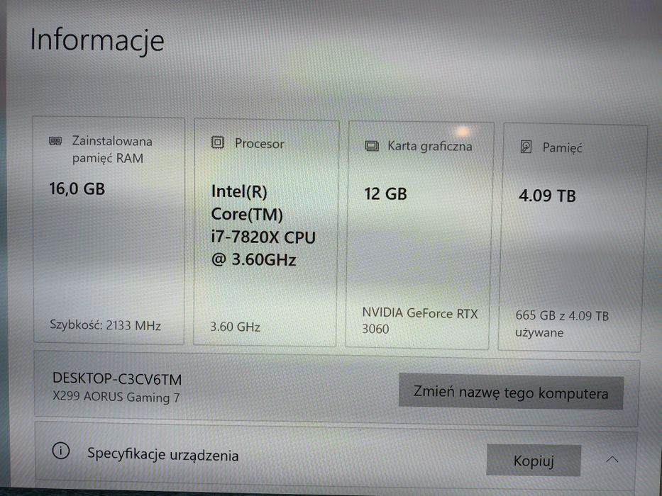 Komputer i7-7820X,AorusX299,RTX3060,4TB