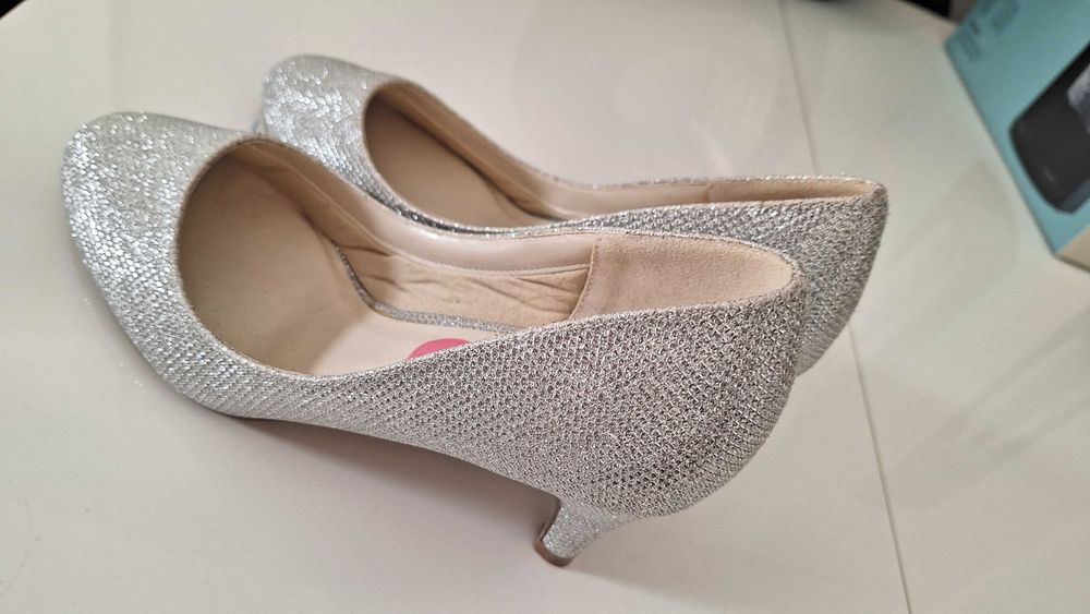 buty czółenka roz38 srebrne wkładka 24 / nowe obcas 7cm /