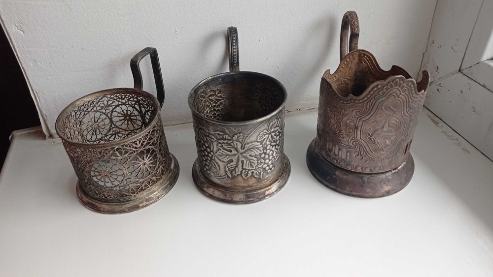 Подстаканники мельхиор. Космос. Виноград. Скань. Посеребряные .