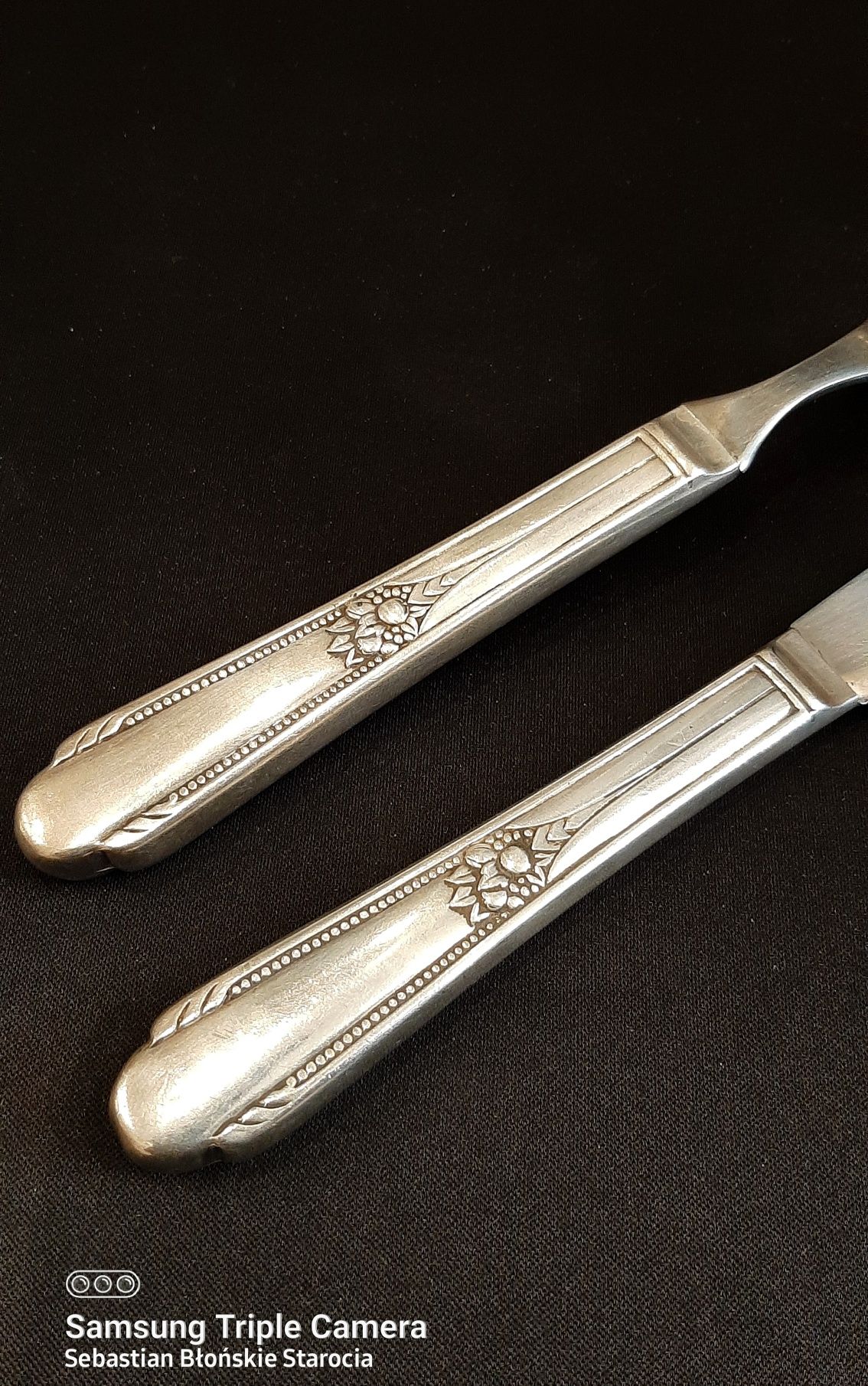 Stary srebrny ornamentowy zestaw sztućców do mięsa nóż Widelec srebro