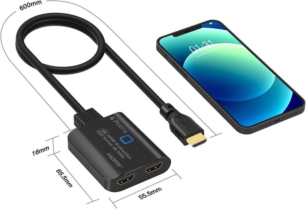 PORTTA Przełącznik HDMI 4K 60Hz z Kablem 60cm, Dwukierunkowy Splitter