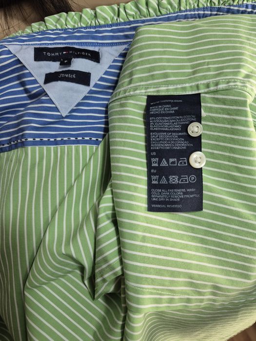 Koszula damska Tommy Hilfiger S  zielona w paski bawełniana z falbanką