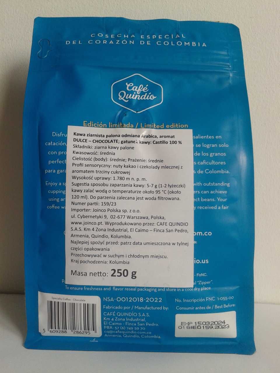 Cafe Quindio Kawa ziarnista z Kolumbii 250g KARMEL/ CZEKOLADA / JAGODA