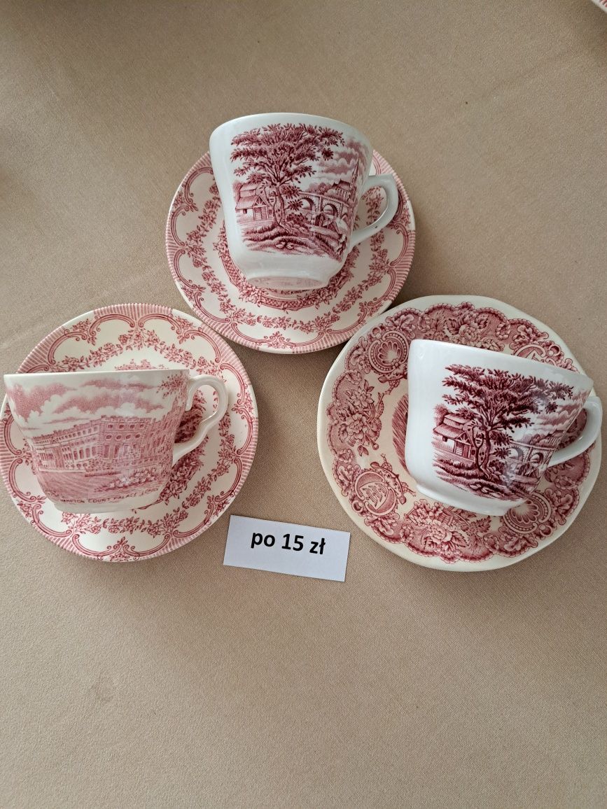 zestaw 9 szt. porcelana angielska, różowe dekoracje