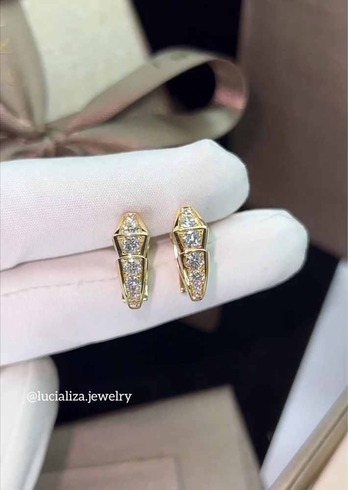 Золотые Серьги в стиле BVLGARI 1:1 Serpenti с бриллиантами 1.20ct