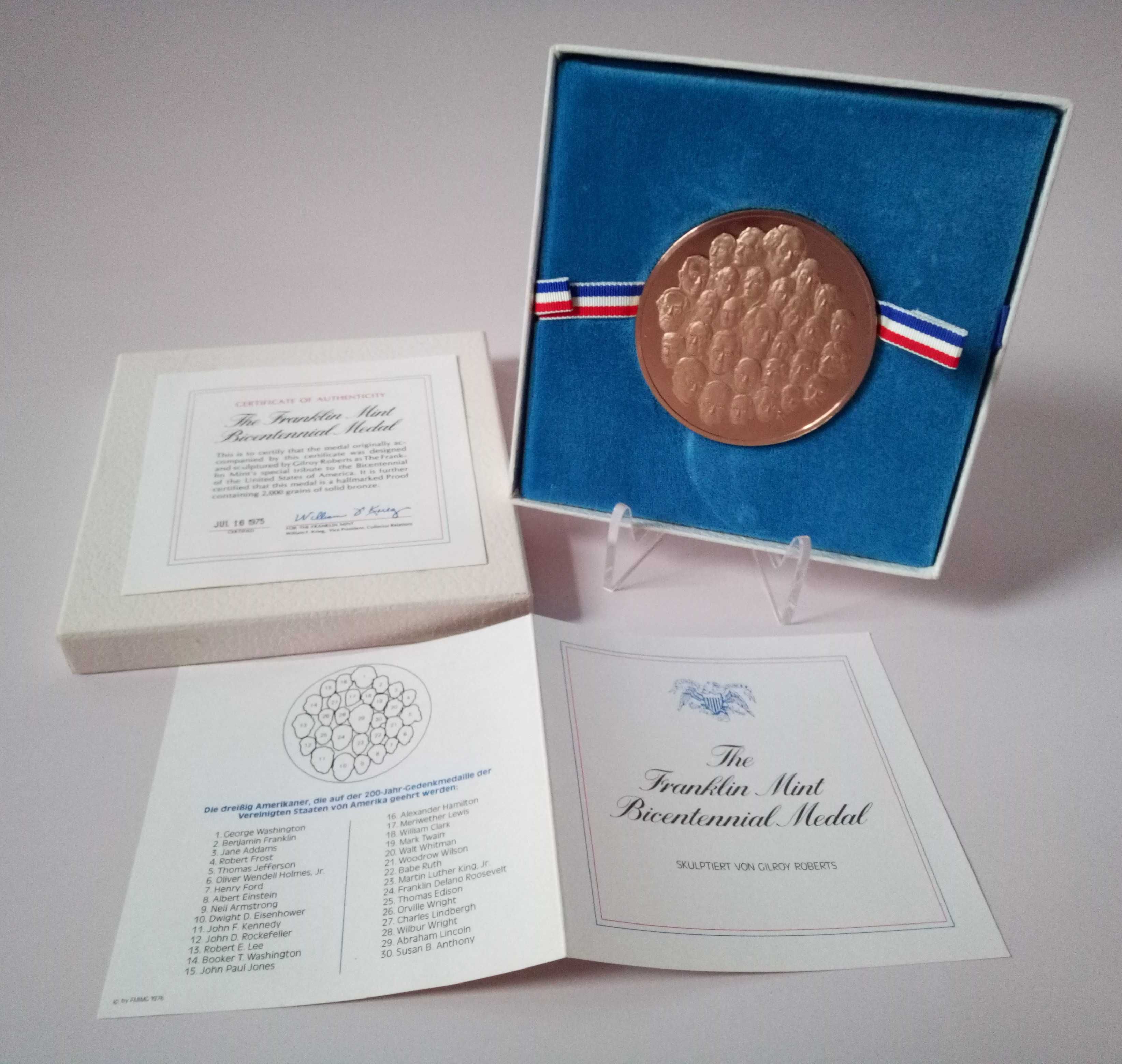1976 Franklin Mint pamiątkowy medal z brązu 200 lat USA. Stan 1