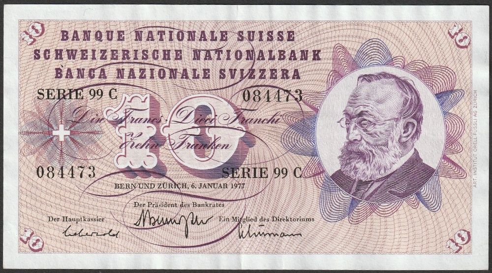 Szwajcaria 10 franków 1977 - Keller - stan 2