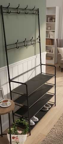 Стійка-вішалка з гачками для одягу та 4 полиці для взуття металева