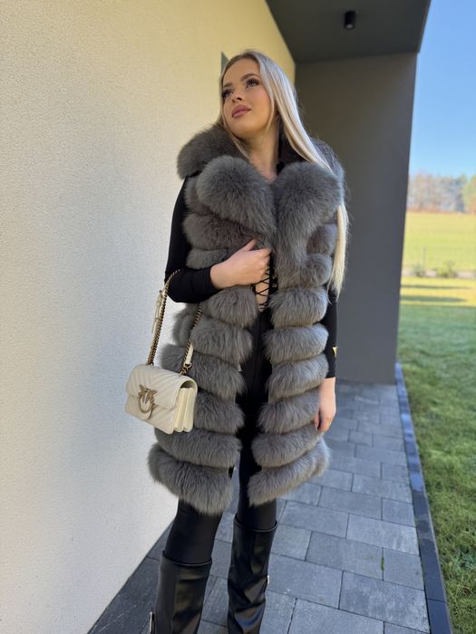 Kamizelka kołnierz z lisa szara 2 w 1 futro naturalne nowa rzędowa m