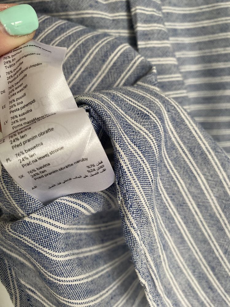 Koszula lindex 92 z lnem paski białe niebieska stójka
