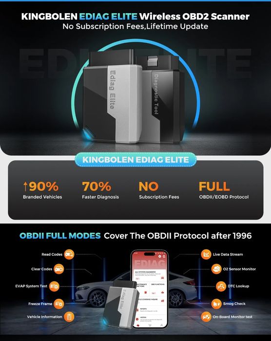 Scanner de diagnóstico OBD2 Kingbolen Ediag Elite com App NOVO