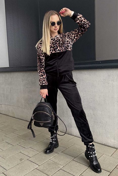 Dresy damskie welurowe w panterkę spodnie + bluza czarne r.XL wys.24h
