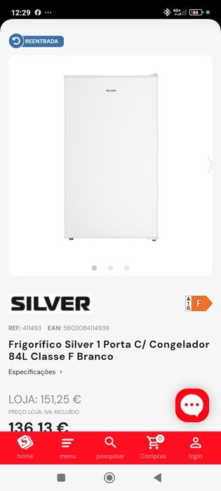 Frigorífico de 1 porta Silver