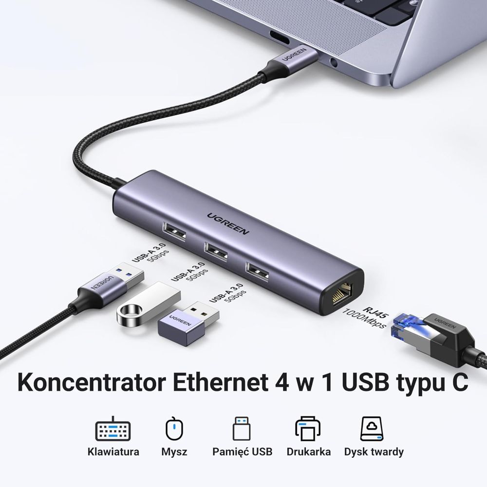 Hub Usb C Z 3 Portami Usb 3.0 I Adapterem Ethernet