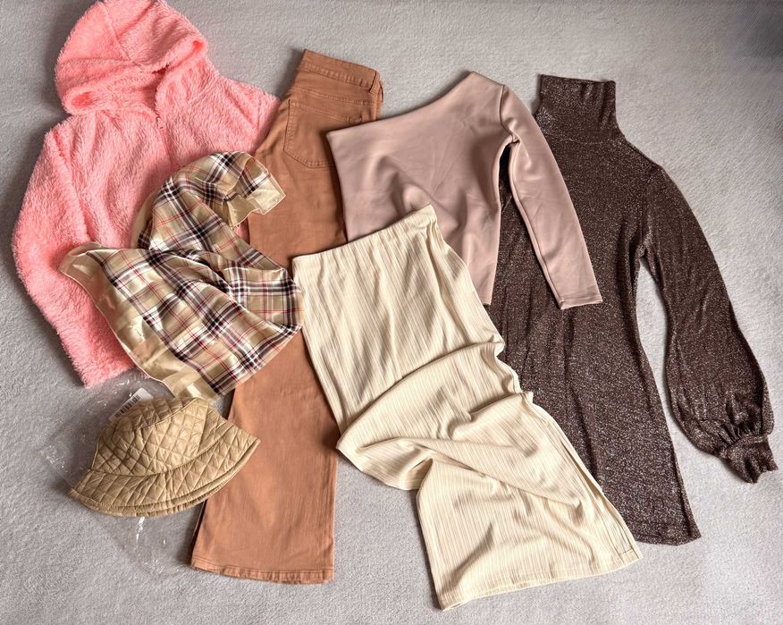 ЛОТ набор одежды S-M, кофта, платье, джинсы, юбка, платок, панамка