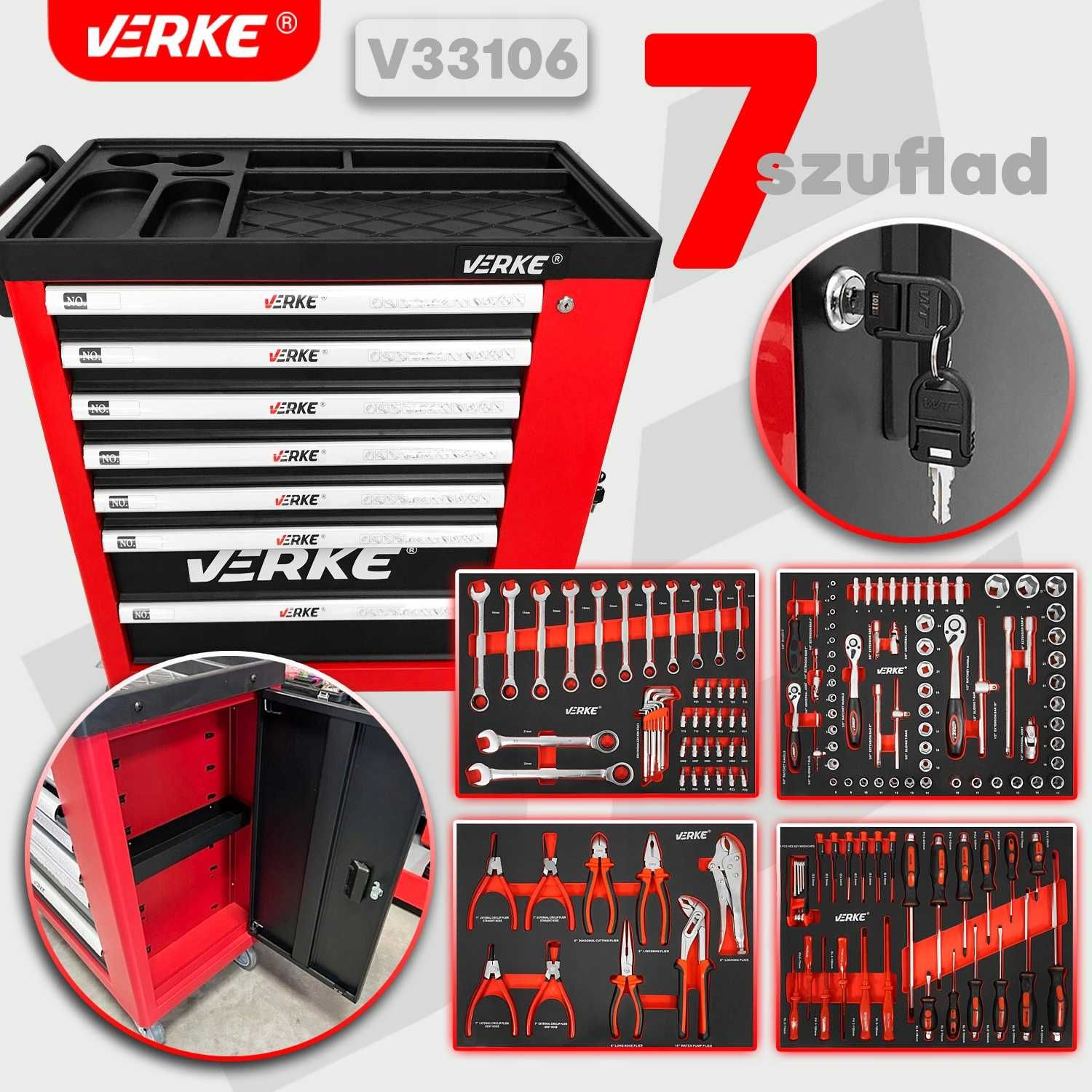SZAFKA NARZĘDZIOWA 7+1 szuflad + narzędzia klucze nasadki Verke V33106