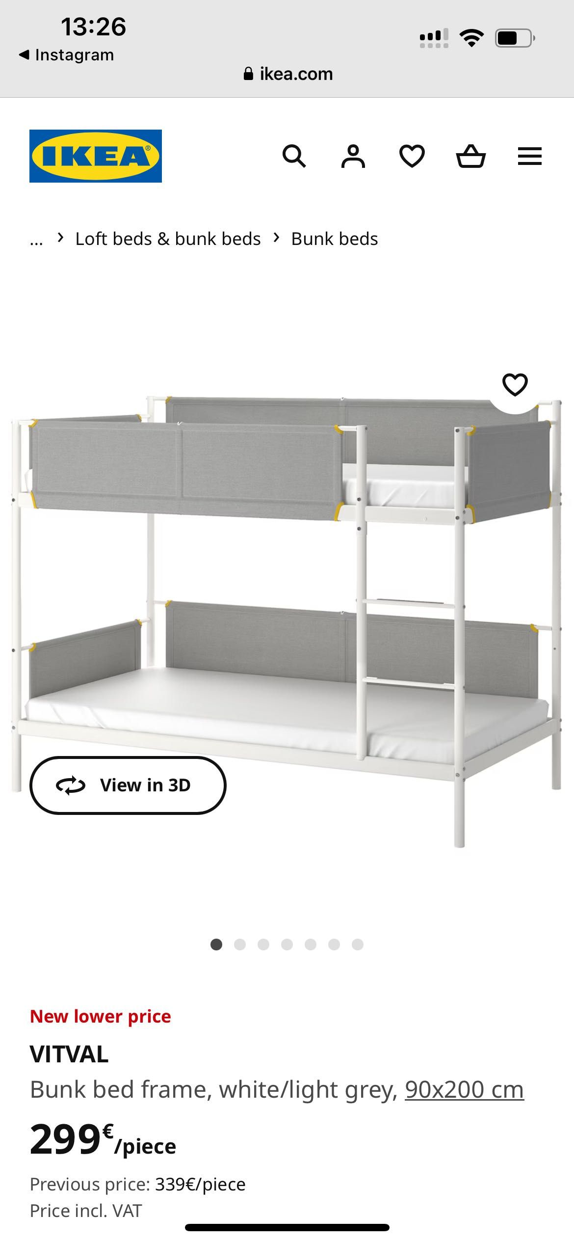 Bunk bed frame, white/light grey, 90x200 cm
