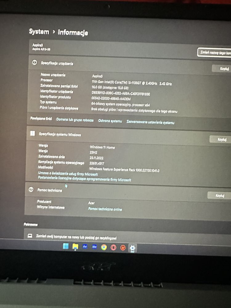 Acer Aspire 3  na gwaracji do stycznia