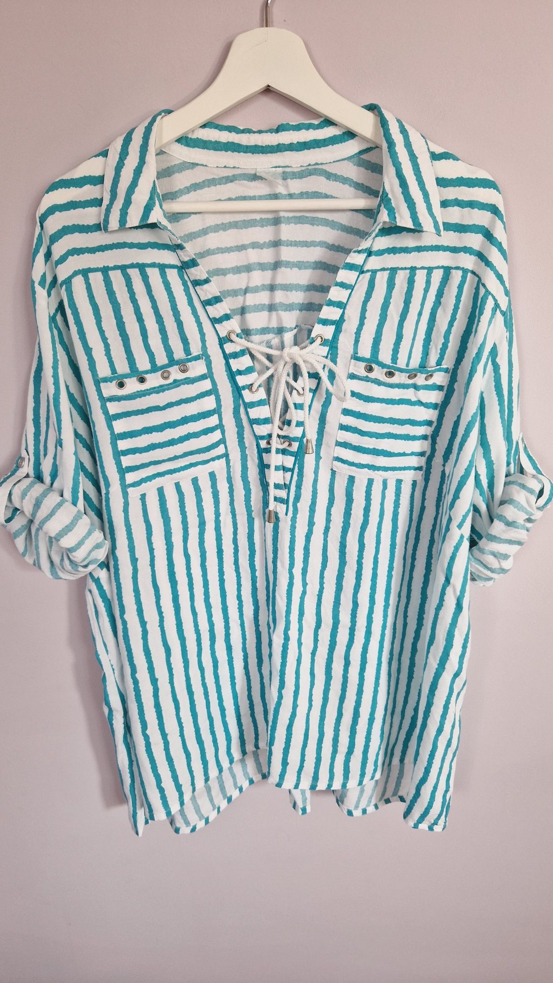 Bluzka w paski w stylu marynarskim podwijane rękawy plus size XL-4XL
