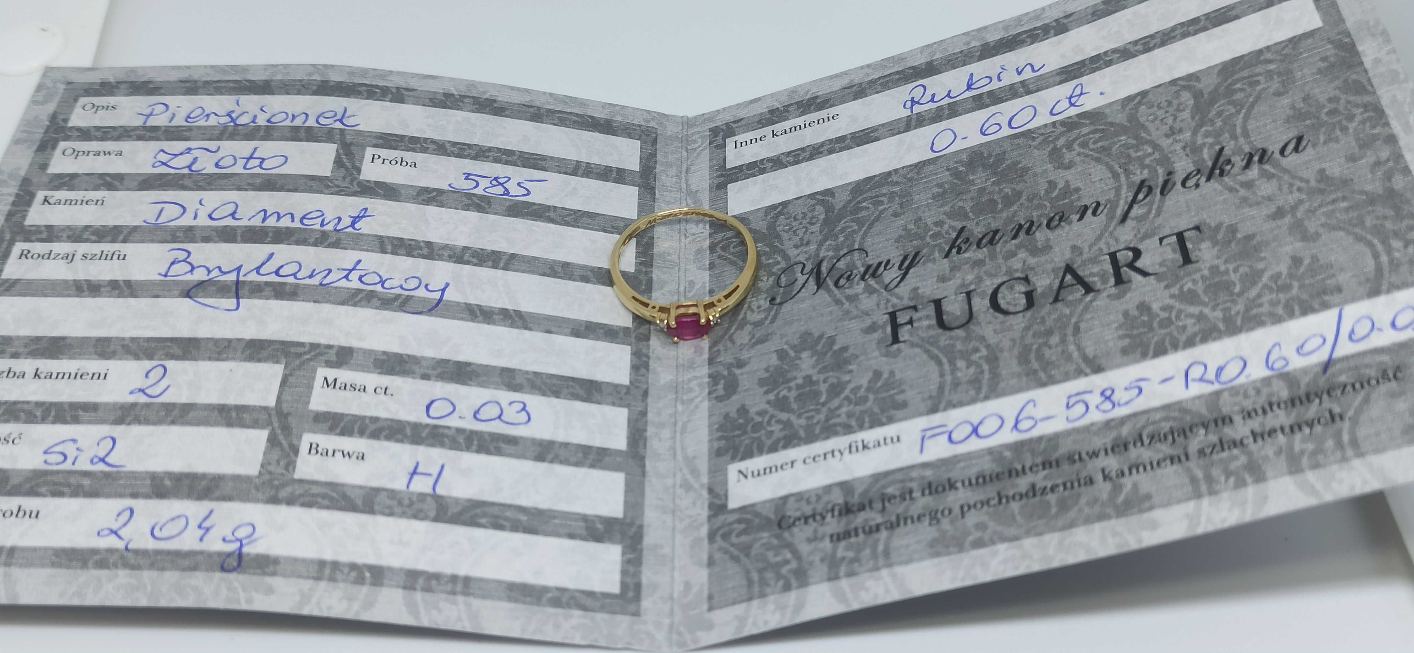 Złoty pierścionek 585 2,04g rubin diamenty Certyfik Nowy Lombard Raków
