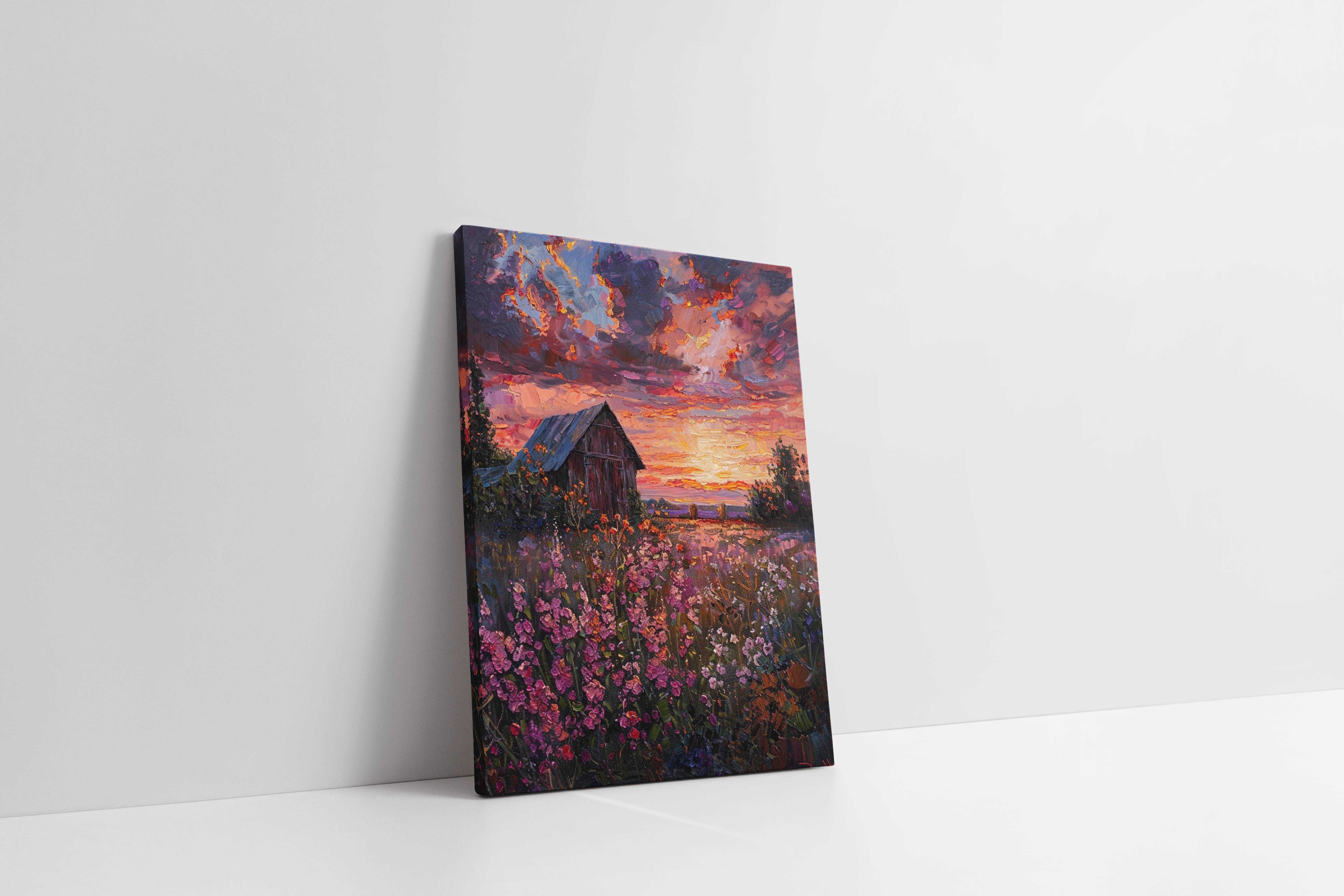 Obraz na płótnie Zachód Słońca nad Kwiatami 30x40 cm