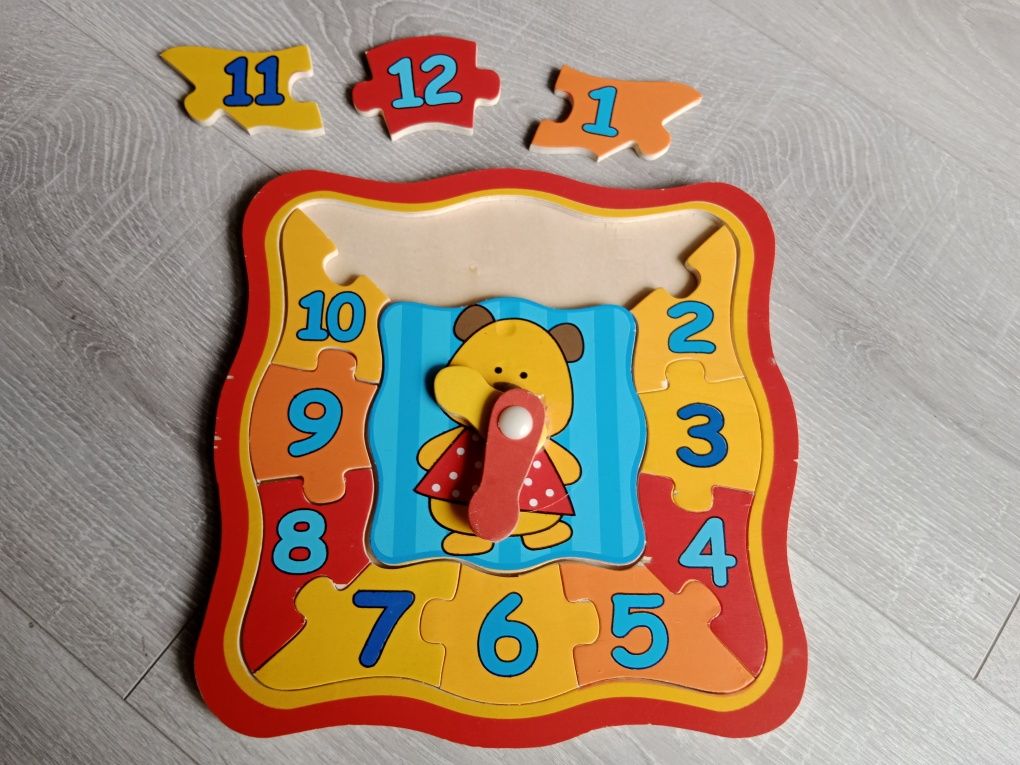 Drewniany edukacyjny zegar dla dzieci puzzle, nauka godzin