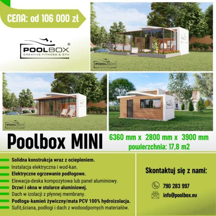 PoolBox Mini Całoroczny Basen Bieżnia Przeciwprąd Sauna Jacuzzi