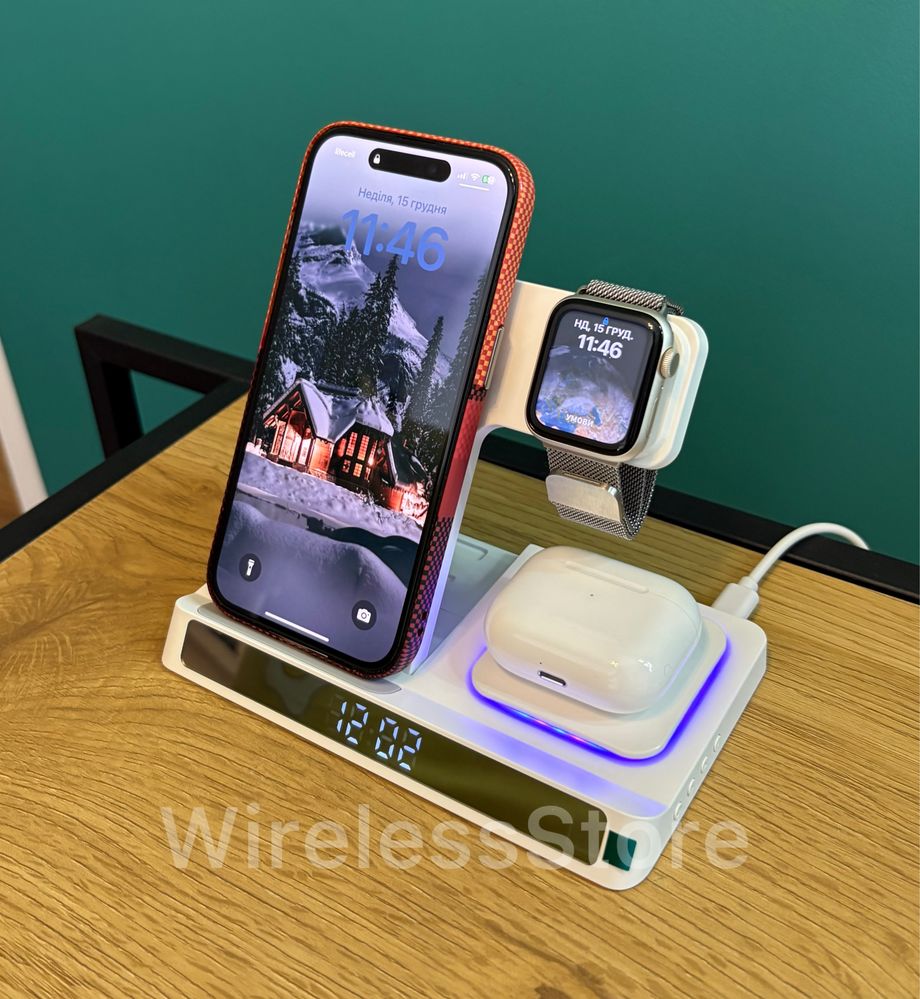 Бездротова зарядка 4 в 1 Apple Watch iPhone Airpods швидка Беспровідна