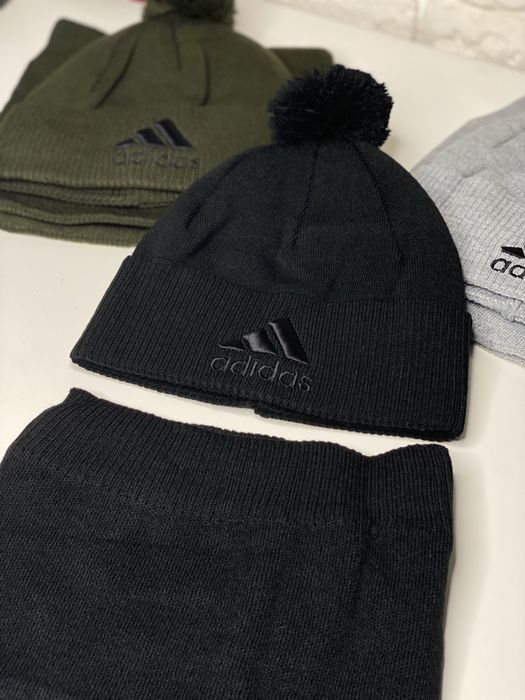 Мужская ШАПКА+БАФ ADIDAS з помпоном на флисе Зимний комплект утепленны