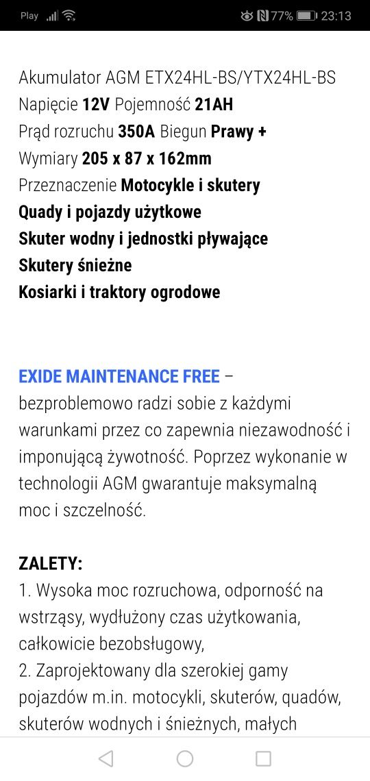 Nowy akumulator AGM ETX24HL -BS/YTX24HL -BS