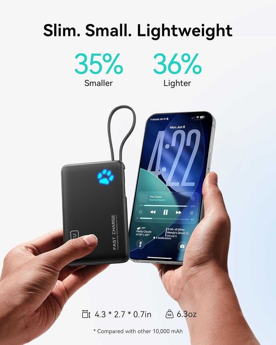 INIU 45W Power Bank, with Built-in USB C Cable, 10000mAh Small