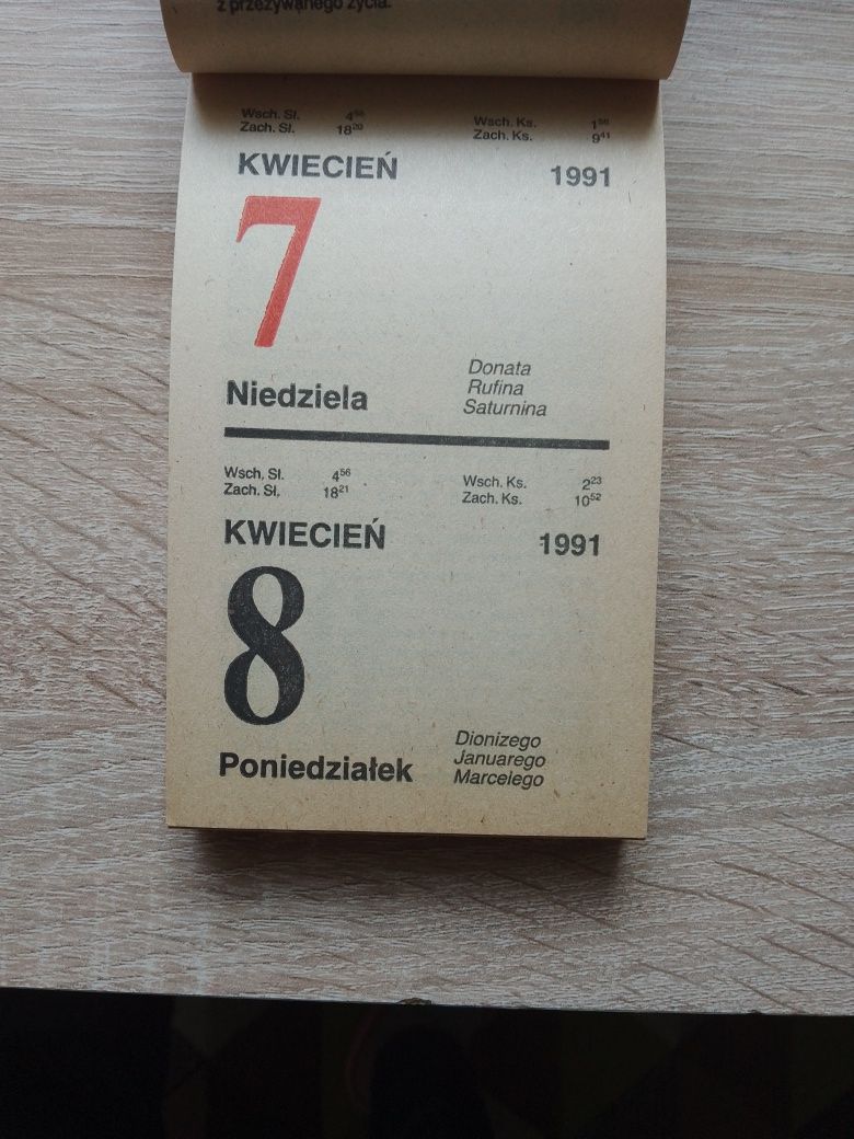 Kartka z kalendarza zdzieraka rocznik 1991