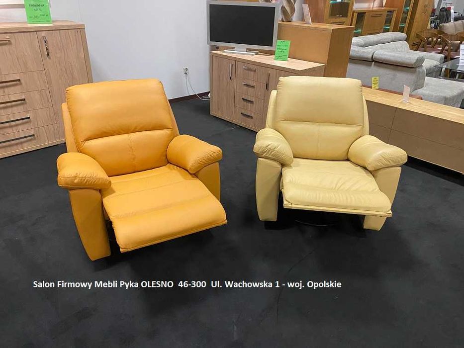 Nowy Fotel ROZKŁADANY, Bujany, Obrotowy, SKÓRA NATURALNA- Wyprzedaż