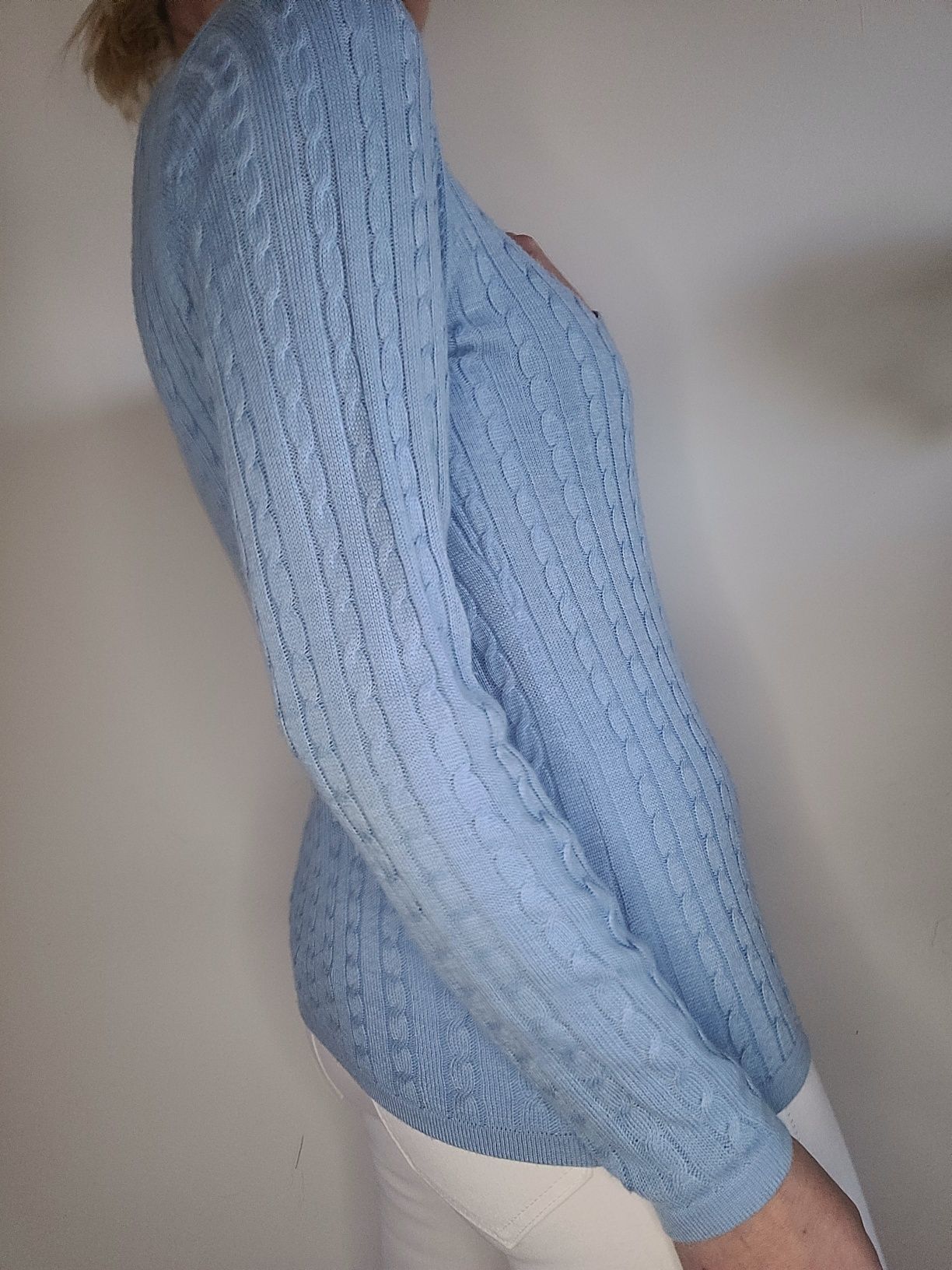 Niebieski wełniany kardigan warkocze vintage