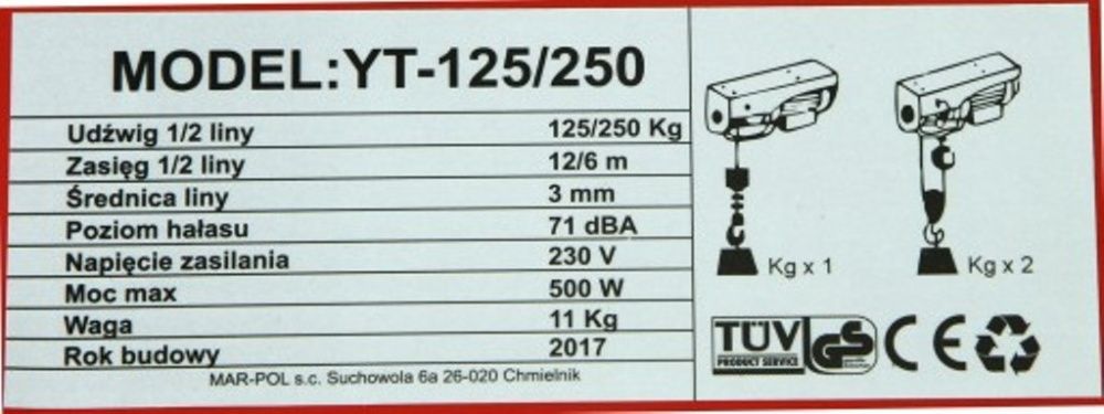 Wyciągarka budowlana linowa H-YT 125/250 230V