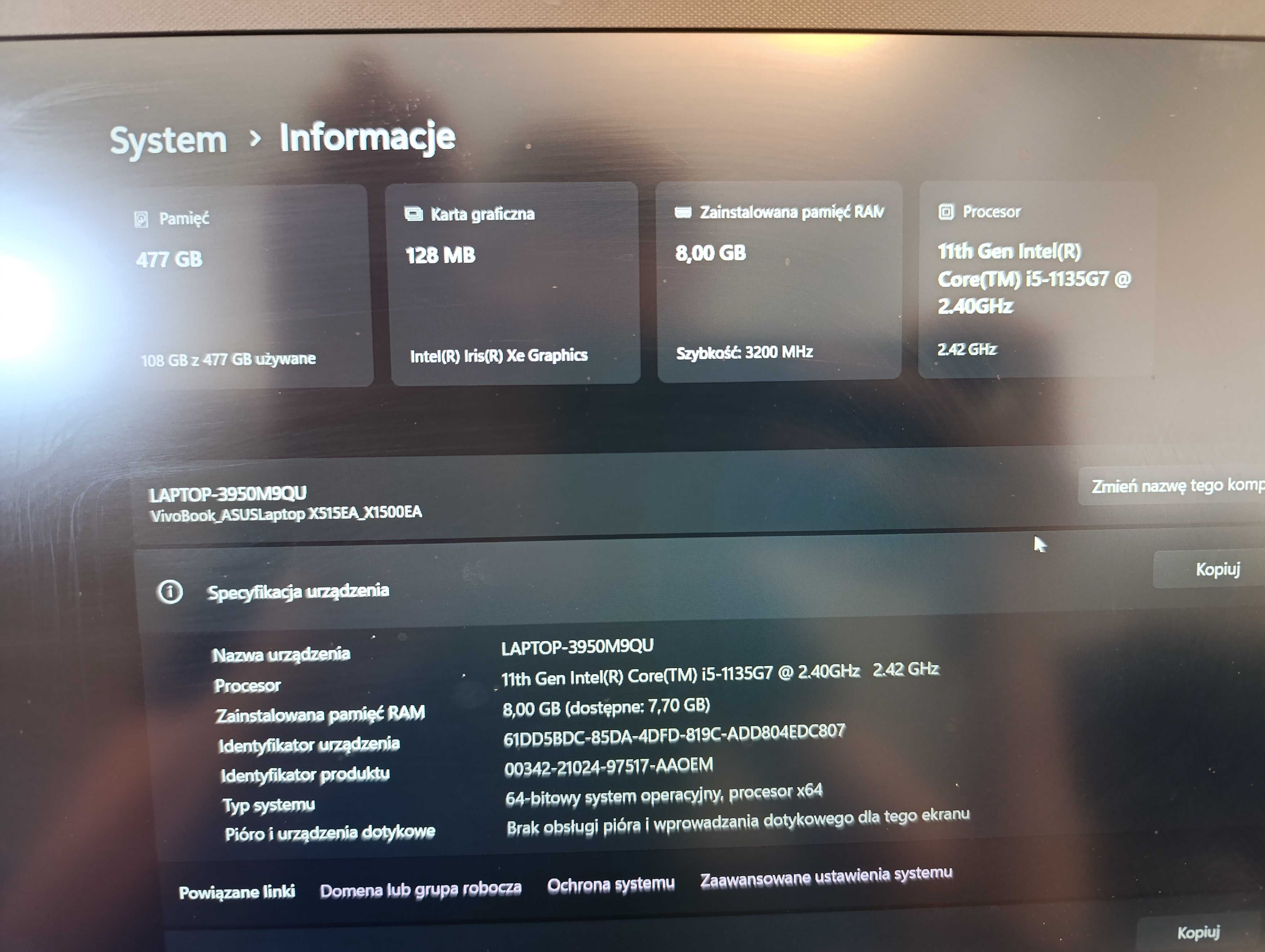 OKAZJA Laptop asus vivobook X1500EA-BQ3296W i5 11gen 8gb ram 512gb SSD