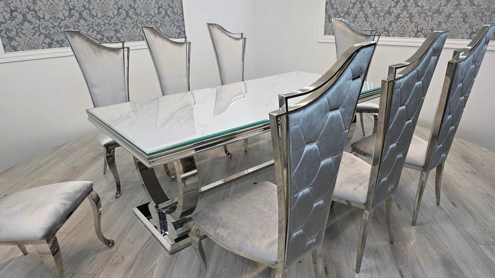 Jadalnia Glamour stół Omega Decor 200cm + 8 krzeseł Galactic/srebro