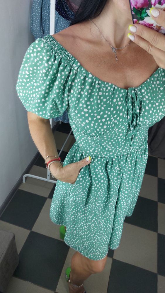 Женское платье из софт шифона в горошек Жіноча сукня синій,зелений