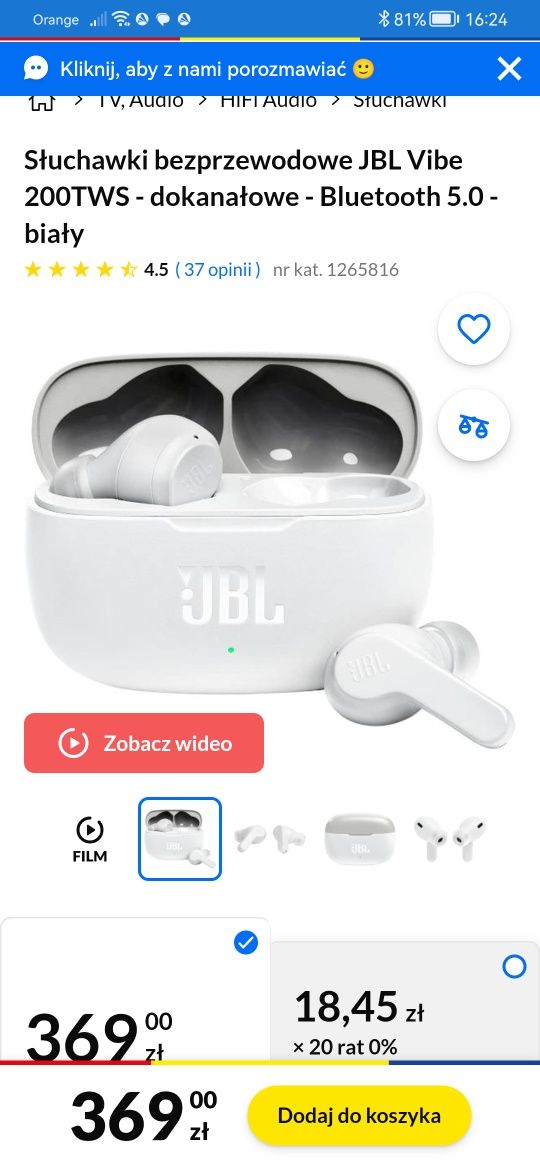 Słuchawki bezprzewodowe JBL VIBE TWS200