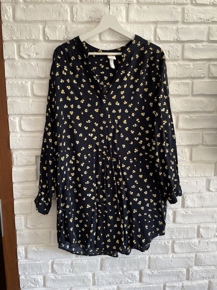 Granatowa sukienka mini w żółte kwiaty h&m oversize 38 M (40 L 42 XL)