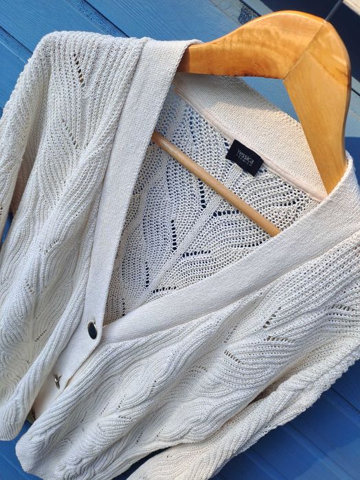 Kardigan sweter C&A kremowy M L XL 42 bawełna ażurowy