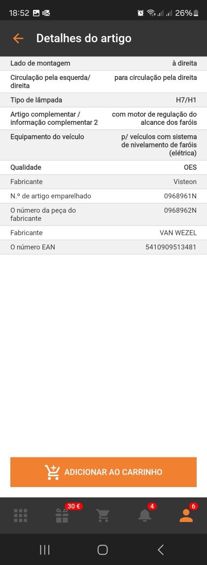 Optica direita Ds5 H7/H1 nova