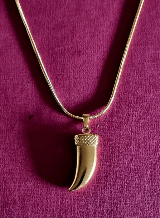 Colar dourado, em aço, com pingente em forma de corno.