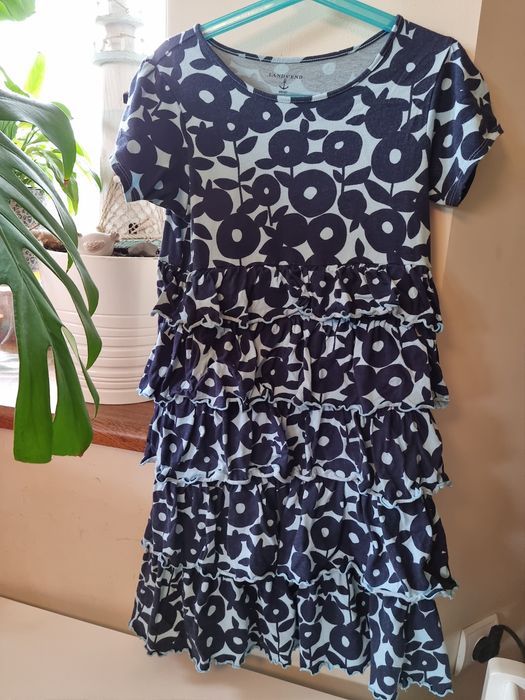 Sukienka Lands'End niebieska wzory kwiaty falbany 7-8 lat 128-134 cm