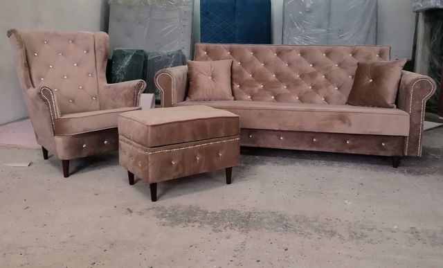 RATY zestaw Chesterfield komplet kanapa sofa fotel uszak pufa Glamour
