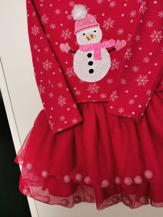 Sukienka świąteczna 92, czerwona, bałwan, pompony, tiulowa