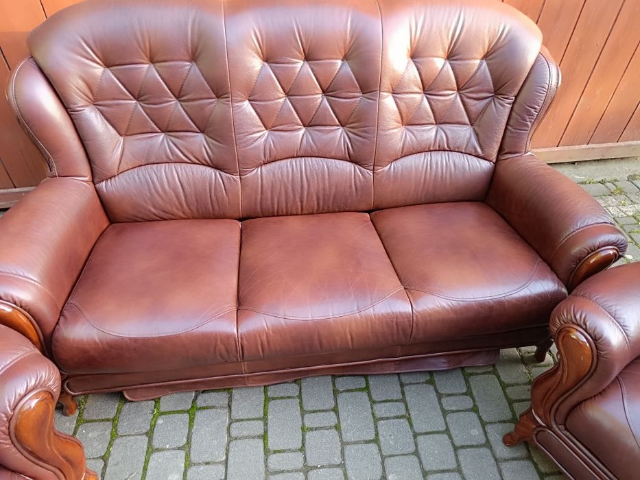 Komplet skórzany 3+1+1, sofa i fotele, styl Ludwikowski, skóra natural