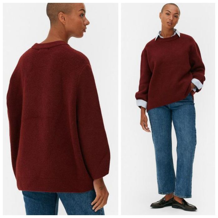 Zestaw na jesień L-XL sweter burgund oversize i dżinsy WIDE LEG taupe