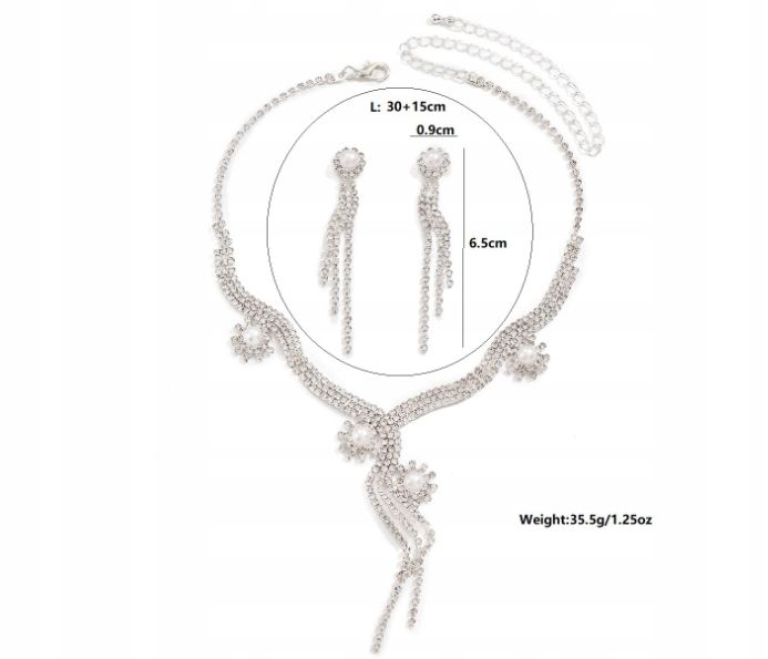 Komplet Biżuterii Perły Kolczyki Naszyjnik Ślub Srebrny Cyrkonie B5